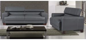 Devon Grey Bonded Leather 3 + 2 Sofa Set With Wooden Legs And Adjustable Headrests