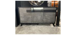 3 Door Buffet Sideboard Mat Black Lacquer With Grey Contrast Marble Front Illuminated Display