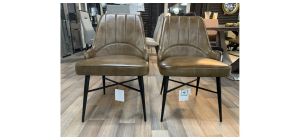 Pair Of Brown Genuine Buffalo Dining Leather Chairs With Black Metal Legs