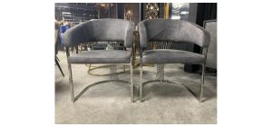 Pair Of Grey And Chrome Grandeur Dining Table Chairs With Plush Velvet Seat