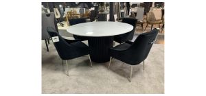 1.4m Diameter Round White And Grey Marble Dining Table With Fluted Wooden Base With 4 Black Plush Velvet Dining Chairs With Chrome Legs And Handle - Chair(w56 d65 h85)