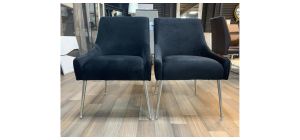 Pair Of Black Plush Velvet Dining Chairs With Chrome Legs And Handle Also Available In Grey And Blue