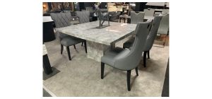 1.4m Square Grey Marble Dining Table With 4 Grey Leather Quilted Dining Chairs With Black Lacquer Legs And Details - Chair(w53 d60 h104)