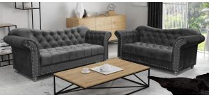 Elegance Dark Grey 3 + 2 Fabric Sofa Set With Round Studded Arms And Wooden Legs