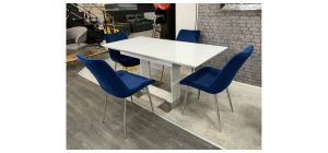 1.2m to 1.6m White High Gloss Extending Dining Table With 4 Blue Plush Velvet Chairs (w55cm d60cm h90cm)