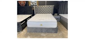 Aspen Double 4ft6 Grey Bed 130cm Headboard With Winged Gas Lift Ottoman Storage Front End Opening And Sprung Slat Base