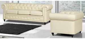 Hilton Cream Bonded Leather 3 + 2 Sofa Set With Wooden Legs With Buttoned Front Panel