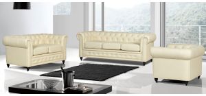 Hilton Cream Bonded Leather 3 + 2 + 1 Sofa Set With Wooden Legs With Buttoned Front Panel
