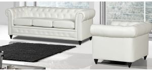 Hilton White Bonded Leather 3 + 2 Sofa Set With Wooden Legs With Buttoned Front Panel