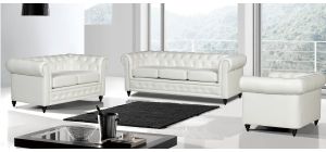 Hilton White Bonded Leather 3 + 2 + 1 Sofa Set With Wooden Legs With Buttoned Front Panel