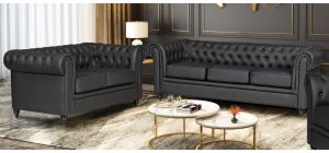 Hilton Black Bonded Leather 3 + 2 Sofa Set With Wooden Legs Without Buttoned Front Panel