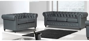 Hilton Grey Bonded Leather 3 + 2 Sofa Set With Wooden Legs With Buttoned Front Panel