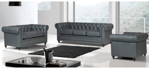 Hilton Grey Bonded Leather 3 + 2 + 1 Sofa Set With Wooden Legs With Buttoned Front Panel