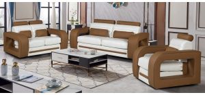 Ibby Tan And White Bonded Leather 3 + 2 + 1 Sofa Set