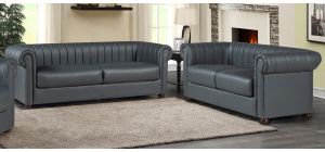 Iyo Chesterfield Grey Bonded Leather 3 + 2 Sofa Set With Wooden Legs