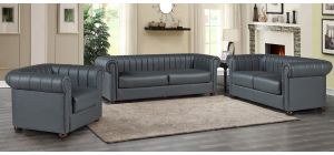 Iyo Chesterfield Grey Bonded Leather 3 + 2 + 1 Sofa Set With Wooden Legs