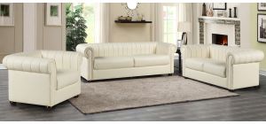 Iyo Chesterfield Cream Bonded Leather 3 + 2 + 1 Sofa Set With Wooden Legs