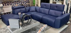 Zaira Semi Aniline Leather Corner Sofa LHF Blue Pedro Ortiz Hand Made Sofa