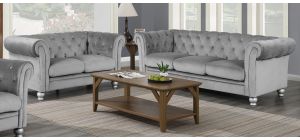 Lya Chesterfield Grey Fabric 3 + 2 Sofa Set Plush Velvet With Wooden Legs