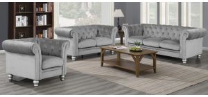 Lya Chesterfield Grey Fabric 3 + 2 + 1 Sofa Set Plush Velvet With Wooden Legs