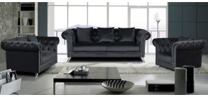 Mia Black Plush Velvet 3 + 2 + 1 Sofa Set With Studded Arms And Chrome Legs
