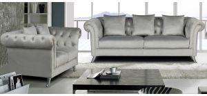 Mia Grey Plush Velvet 3 + 2 Sofa Set With Studded Arms And Chrome Legs