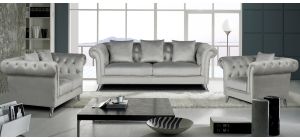 Mia Grey Plush Velvet 3 + 2 + 1 Sofa Set With Studded Arms And Chrome Legs