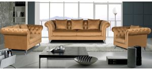 Mia Coffee Plush Velvet 3 + 2 + 1 Sofa Set With Studded Arms And Chrome Legs