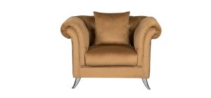 Mia Coffee Fabric Armchair With Studded Arms And Chrome Legs