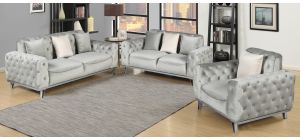 Nexa Grey Fabric 3 + 2 + 1 Sofa Set Plush Velvet With Chrome Legs