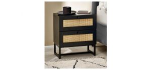 Padstow 2 Drawer Bedside - Black - Rattan - Melamine