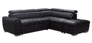 Adria RHF Black Leatheraire Corner Sofa Bed With Ottoman Storage And Contrasting Stitching And Adjustable Headrests