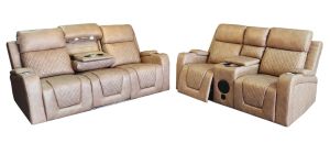 Relax 3 + 2 Beige Endurance Fabric Electric Recliner Media Sofas With Speakers USB Drinks Holders And Reading Light