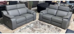 Mia Grey Leather Newtrend Electric 2 Seater Recliner + 2 Seater Static With Adjustable Headrests And Wooden Legs USB