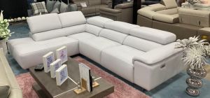 Blossom Electric Recliner LHF Newtrend Leather Corner Sofa Light Grey With Adjustable Headrest, Available for delivery in 8 weeks