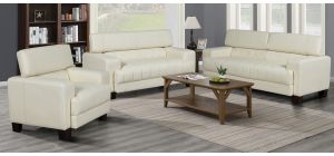 Milano Cream Bonded Leather 3 + 2 + 1 Sofa Set With Adjustable Headrests And Wooden Legs