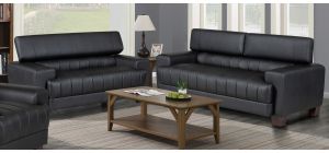 Milano Black Bonded Leather 3 + 2 Sofa Set With Adjustable Headrests And Wooden Legs