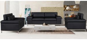 Texas Black Bonded Leather 3 + 2 + 1 Sofa Set With Adjustable Headrests And Chrome Legs
