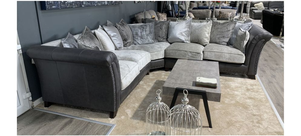 Velero Silver Grey 2c2 Fabric Corner Sofa With Studded Semi Aniline Leather Ter Back Cushions And Wooden Legs Whole Velero Silver Grey 2c2 Fabric Corner, Silver Grey Leather Corner Sofa