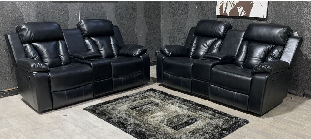 2 Sofa Set Manual Recliner With Drinks, Bonded Leather Reclining Sofa Set