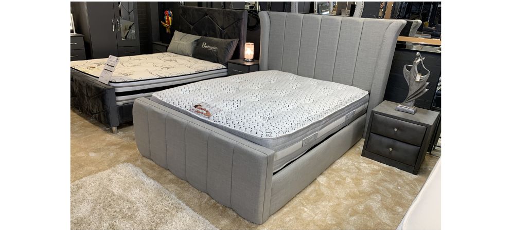 Cadence Small Single 2ft6 Grey Bed 130cm Headboard With Winged Gas Lift Ottoman Storage Front End Opening And Sprung Slat Base Online Sofa Wholesale