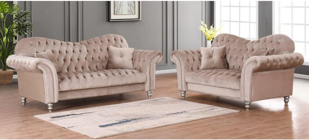 Lorraine Glamour Beige Fabric 3 2, Studded Leather Sofa Set