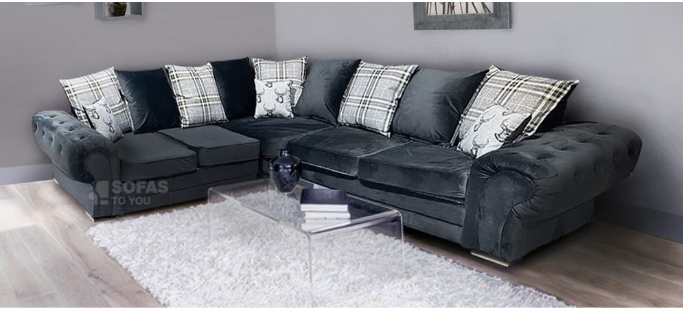 Verona Black 2C2 Fabric Corner Sofa Plush Velvet With Chrome Legs And Scatter Back Online Sofa Wholesale