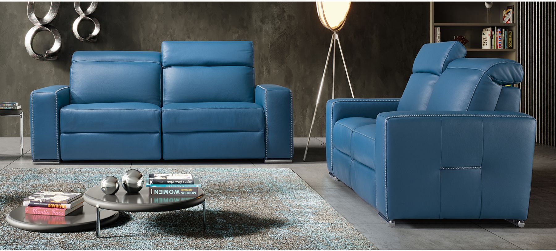 Blue outlet leather settee