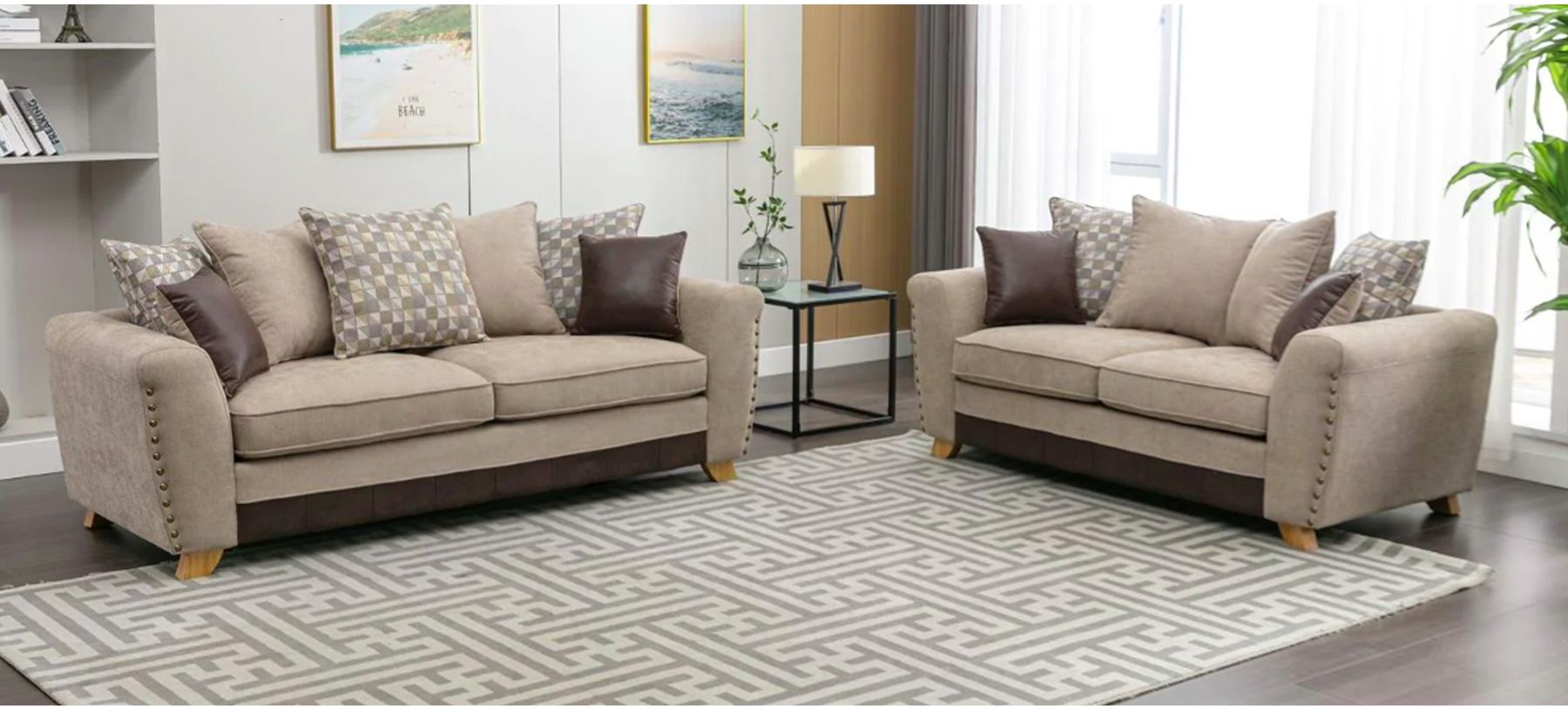 Cambridge 3 2 Beige Fabric Sofa Set With Scatter Back Wooden Legs And Studded Arms