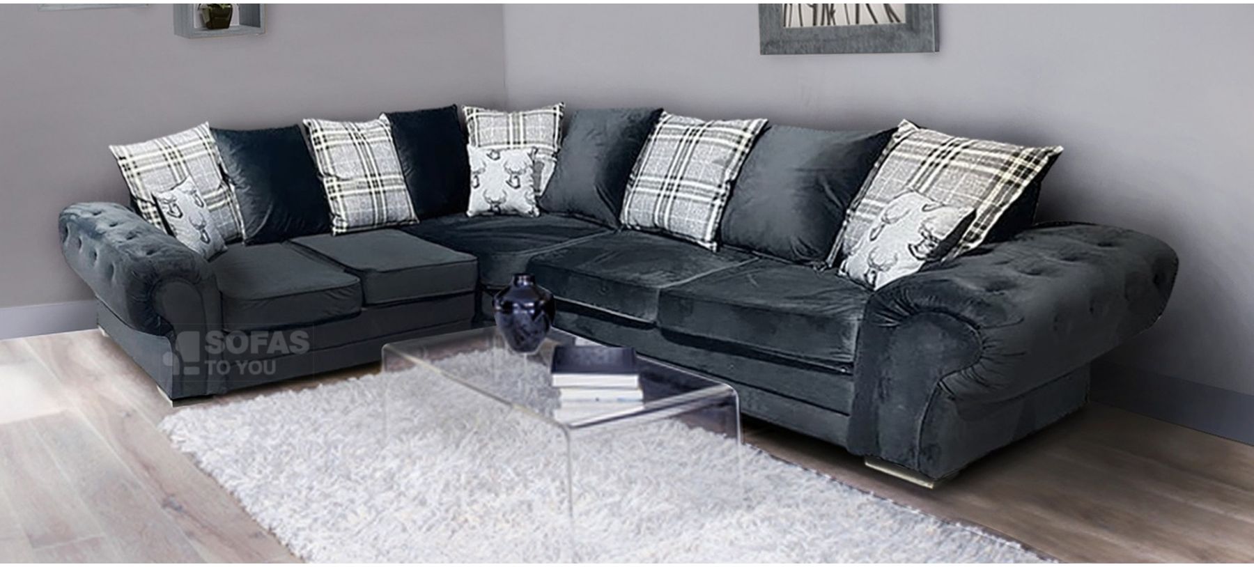 Verona Black 2C2 Fabric Corner Sofa Plush Velvet With Chrome Legs And  Scatter Back | Online Sofa Wholesale