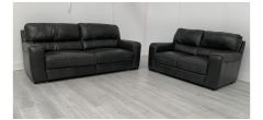 Lucca Black Leather 4 + 2 Sofa Set Sisi Italia Semi-Aniline With Wooden Legs - Colour Faded 4 Seater (see images) High Street Furniture Store Cancellation 50722