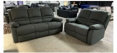 Alexa 3 Seater Manual Recliner With 2 Seater Static Grey Fabric Sofa Set With Drinks Holders