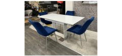 1.2m to 1.6m White High Gloss Extending Dining Table With 4 Blue Plush Velvet Chairs (w55cm d60cm h90cm)